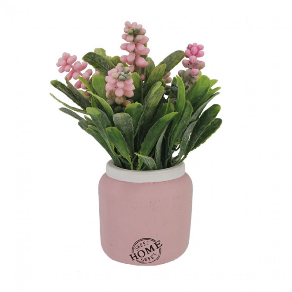 GREENERY IN FLOWER POT WITH PINK FLOWER 19CM